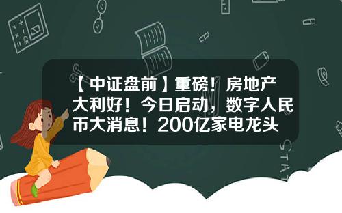 【中证盘前】重磅！房地产大利好！今日启动，数字人民币大消息！200亿家电龙头换帅-基金002746