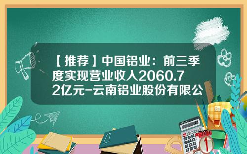【推荐】中国铝业：前三季度实现营业收入2060.72亿元-云南铝业股份有限公司季报