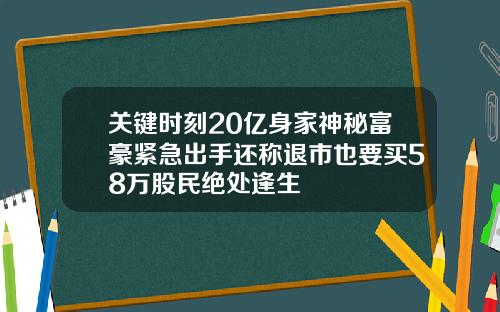 关键时刻20亿身家神秘富豪紧急出手还称退市也要买58万股民绝处逢生