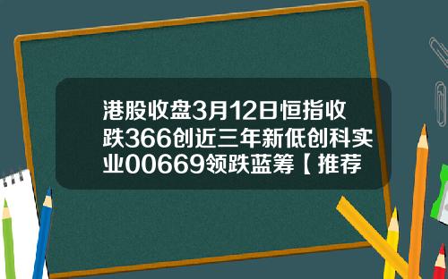 港股收盘3月12日恒指收跌366创近三年新低创科实业00669领跌蓝筹【推荐】